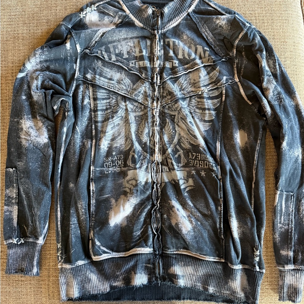 Affliction Men's Distressed Black and Gray Zip-Up Sweater
